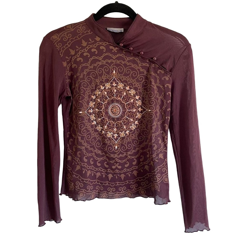 Vintage 90s / Y2K burgundy sheer mesh long sleeve top